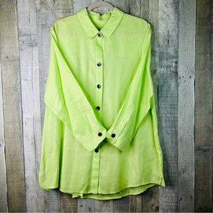 Caroline Rose Linen Light Lime Green 1X Button Front 3/4 Sleeves Shirt w/Collar